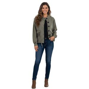 Anthropologie Solitaire Olive Green Cotton Embroidered Button Down Jacket Size L